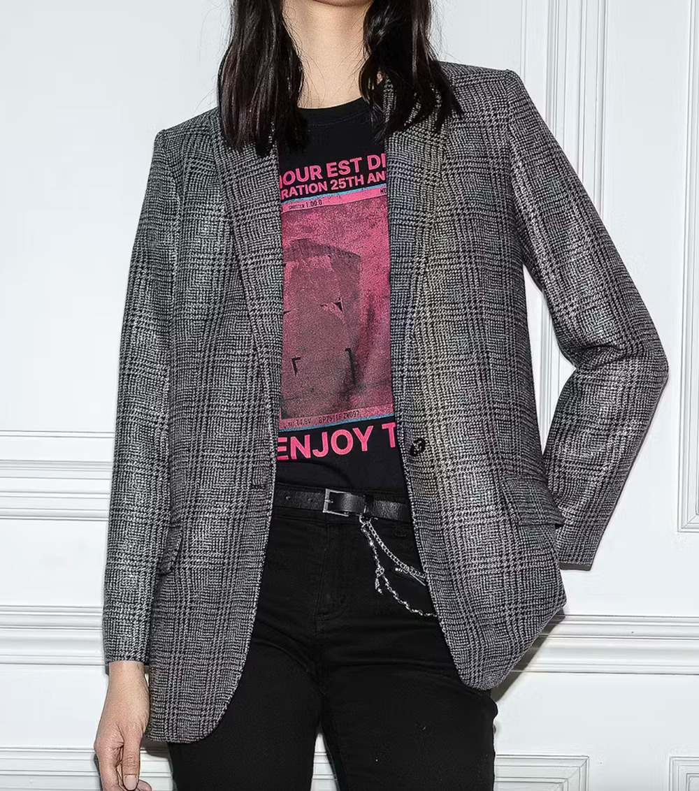 Zadig & Voltaire Viva Car Shimmer Blazer Jacket Metallic Plaid Anthracite NWT 38